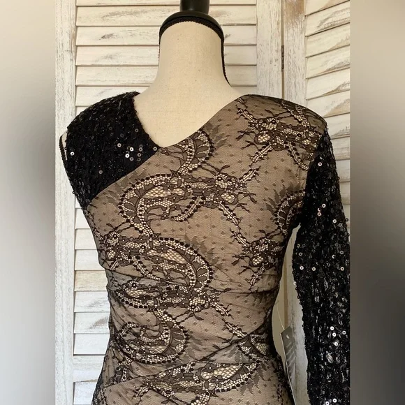 NWT BEBE Addiction Sparkle One Sleeve Lace Dress - Picture 6 of 12